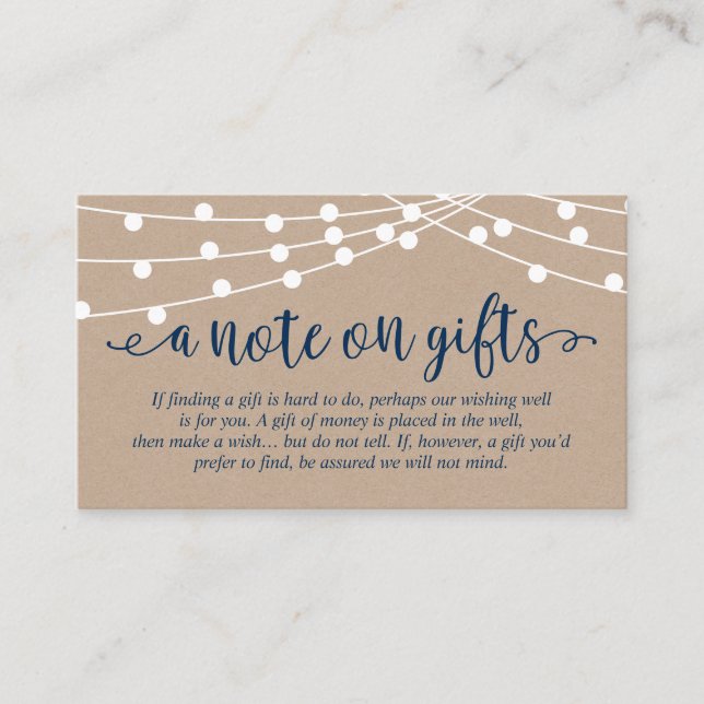 Kraft string lights, Navy Blue, A note on gifts Enclosure Card (Front)