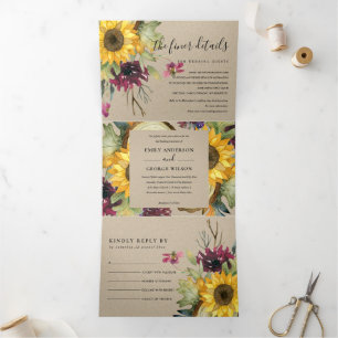 KRAFT SUNFLOWER BURGUNDY WINE FLORAL WEDDING Tri-Fold INVITATION