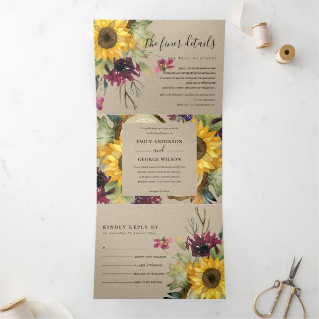 KRAFT SUNFLOWER BURGUNDY WINE FLORAL WEDDING Tri-Fold INVITATION (Inside)