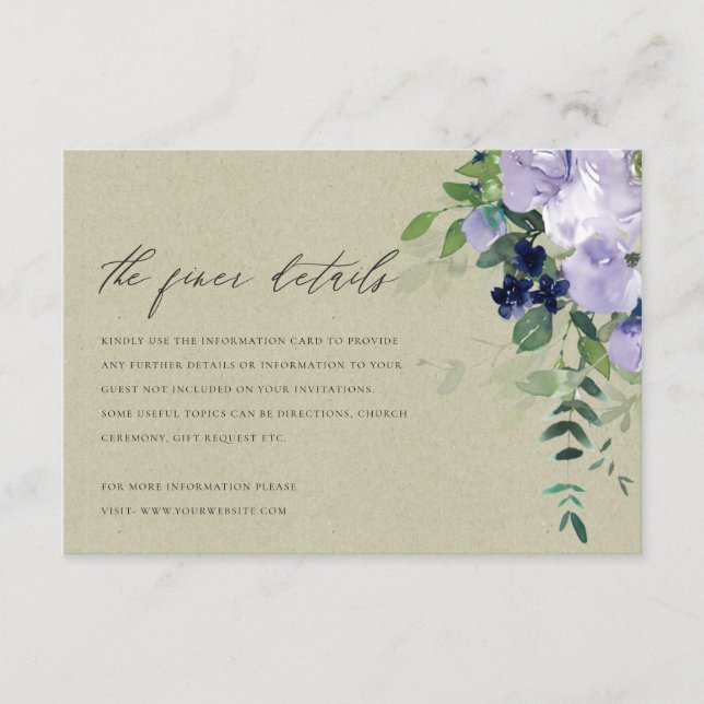 Kraft Violet Purple Floral Leafy Wedding Details Enclosure Card (Front)