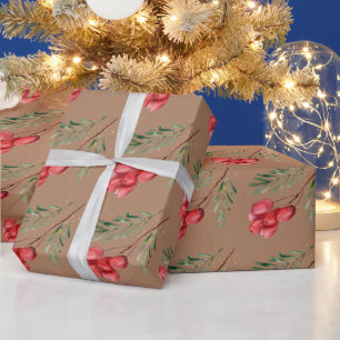 Kraft-Watercolor Berry and Greenery Leaf   Wrapping Paper