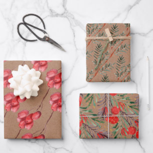 Kraft Watercolor Berry -Greenery Leaves & Gold  Wrapping Paper Sheet