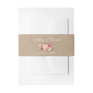 Kraft Watercolor Floral Pink Blush Wedding Invitation Belly Band