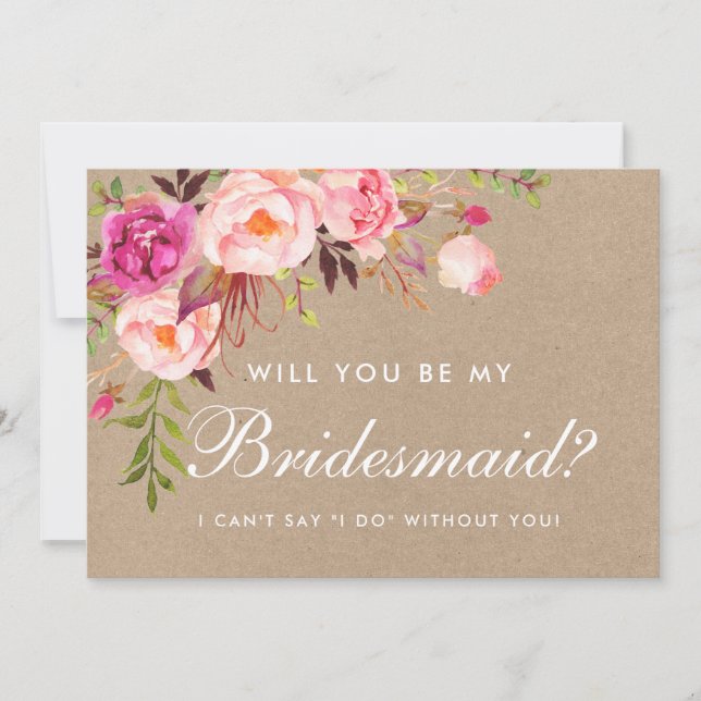 Kraft Watercolor Floral Pink Bridesmaid Invitation (Front)