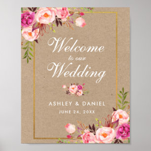 Kraft Watercolor Floral Pink Gold Wedding Welcome Poster