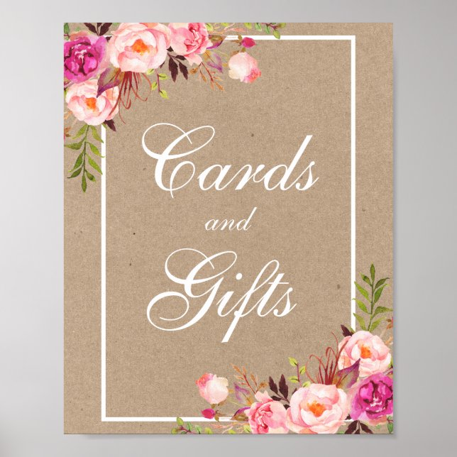 Kraft Watercolor Floral Pink Wedding Cards Gifts Poster (Front)