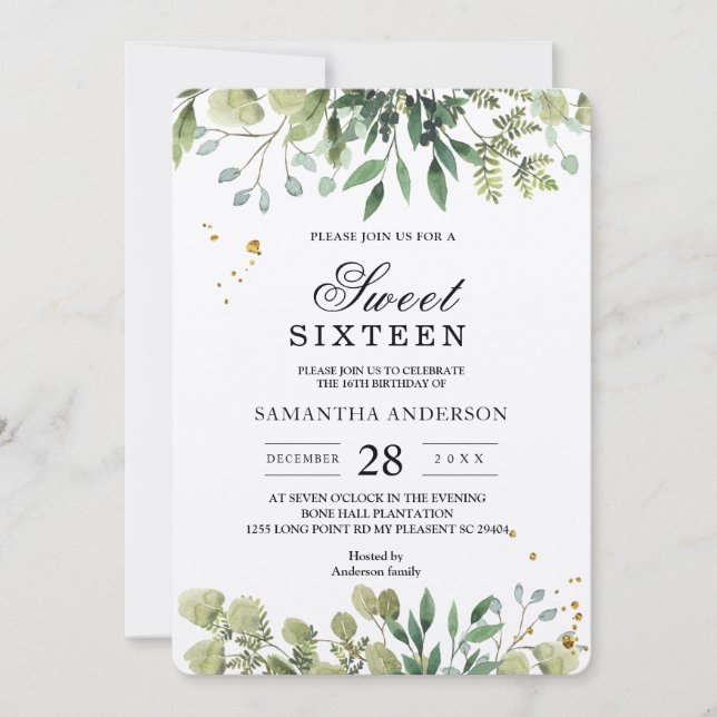 Kraft Watercolor Green Leaves Branch Invitation (Front)