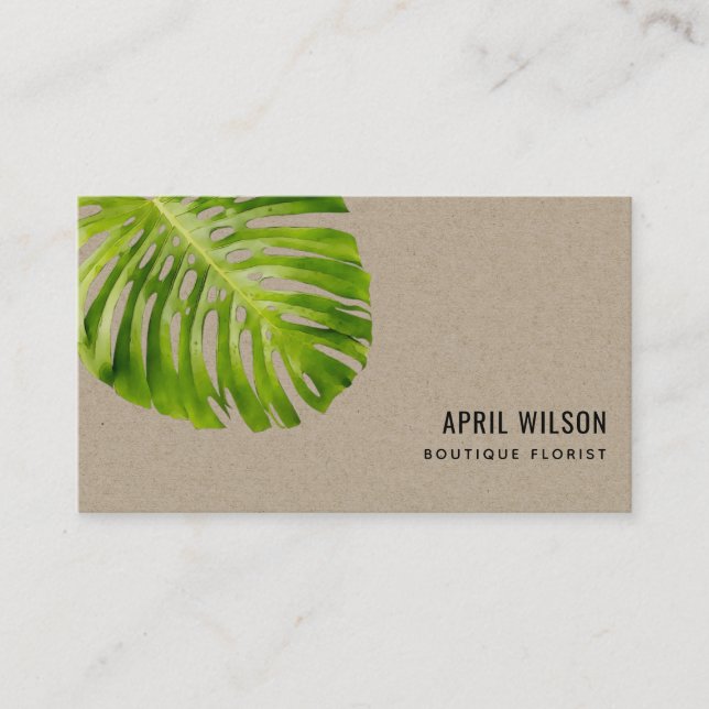 KRAFT WATERCOLOR GREEN MONSTERA LEAF FOLIAGE BUSINESS CARD (Front)