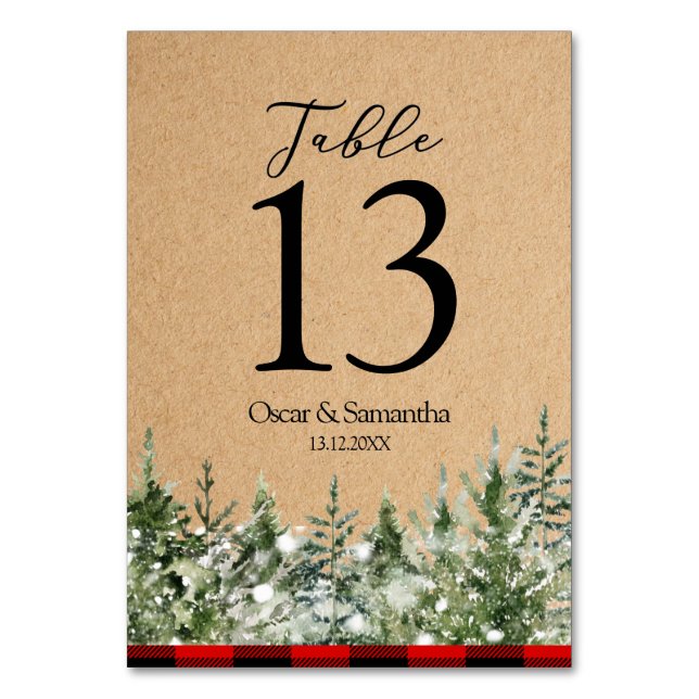 Kraft Watercolor Pine Trees & Red Buffalo Plaid  Table Number (Front)