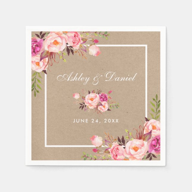 Kraft Watercolor Pink Blush Floral Wedding Napkin (Front)