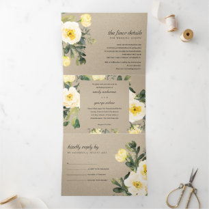 KRAFT WHITE YELLOW PEONY FLORAL WATERCOLOR WEDDING Tri-Fold INVITATION