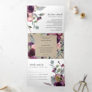 KRAFT WILD PURPLE LILAC FLORAL WATERCOLOR WEDDING Tri-Fold INVITATION