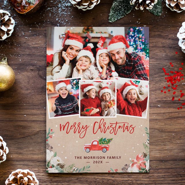 Kraft Winter Floral Christmas Truck 4 Photo Holiday Card (Creator Uploaded)