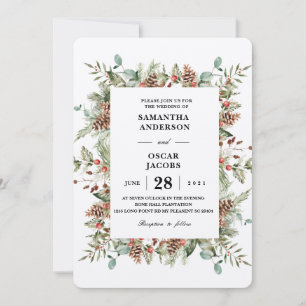 Kraft Winter Green Pine Cone Frame Invitation