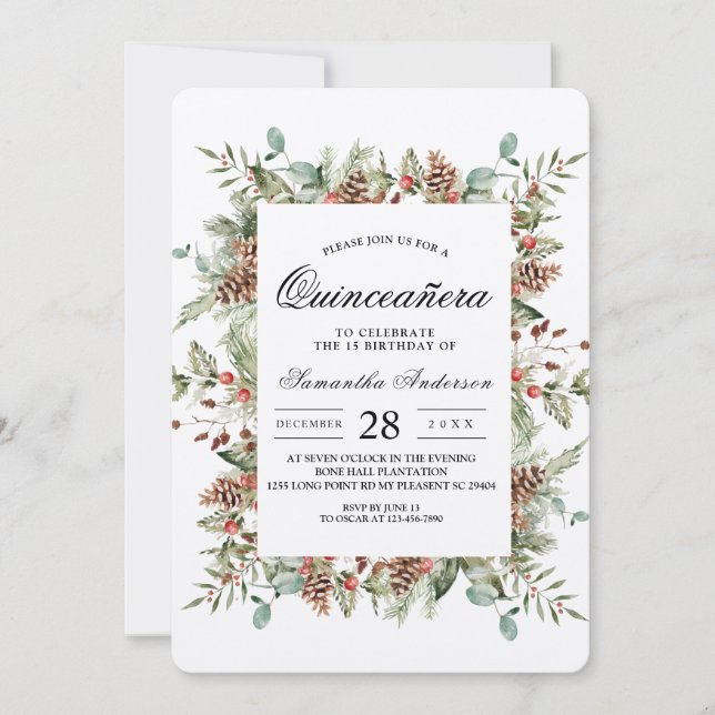 Kraft Winter Green Pine Cone Frame Invitation (Front)