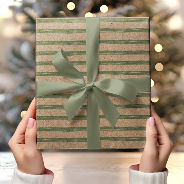 Kraft with Green Stripes Watercolor  Wrapping Paper (Creator Uploaded)