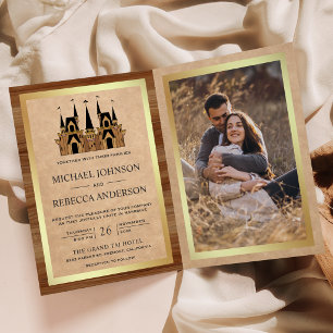 Kraft Wood Fairytale Castle Photo QR Code Wedding Invitation