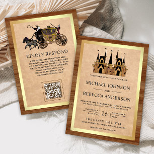 Kraft Wood Fairytale Castle QR Code Wedding Invitation