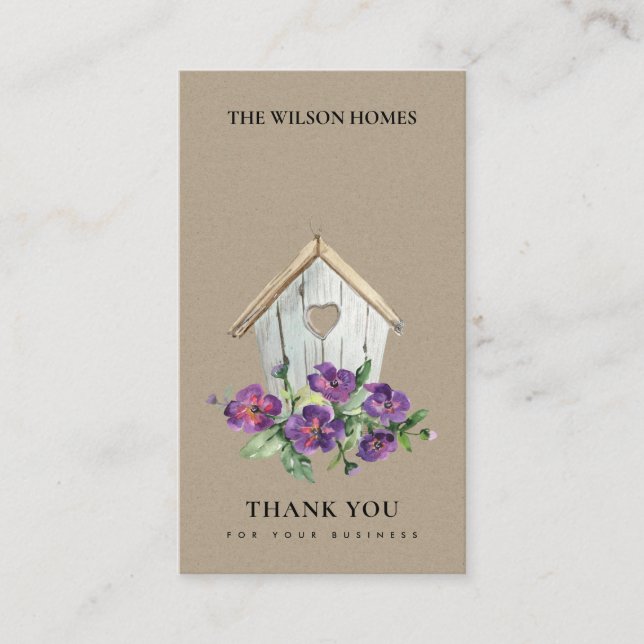 KRAFT WOODEN FLORAL BIRD HOUSE THANK YOU REALTOR BUSINESS CARD (Front)