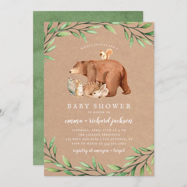 Kraft Woodland Greenery Forest Animals Baby Shower Invitation (Front/Back)