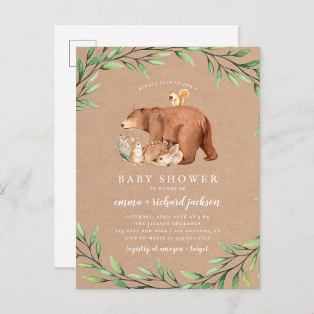 Kraft Woodland Greenery Forest Animals Baby Shower Invitation Postcard (Front/Back)