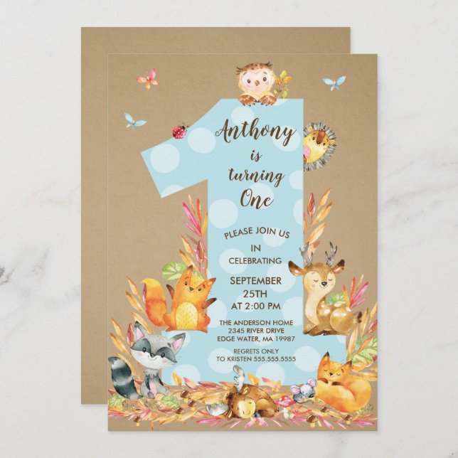 Kraft Woodland One Boys Birthday Invitation (Front/Back)
