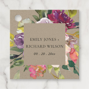 KRAFT YELLOW BLUSH BURGUNDY FLORAL BUNCH WEDDING FAVOUR TAGS