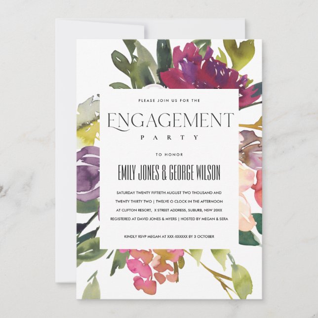 KRAFT YELLOW BLUSH BURGUNDY FLORAL ENGAGEMENT INVITATION (Front)