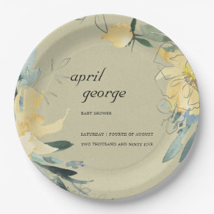KRAFT YELLOW GREEN FLORAL WATECOLOR BABY SHOWER PAPER PLATE