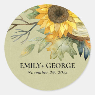 KRAFT YELLOW SUNFLOWER WATERCOLOR FLORAL WEDDING CLASSIC ROUND STICKER