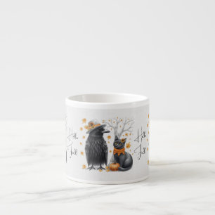 Krähe und Katze im Herbst „Hello Fall“ Crow Espresso Cup