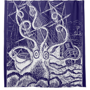 Kraken Attack navy blue shower curtain