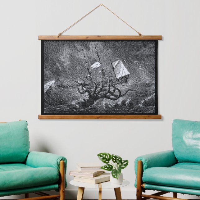 Kraken Attacking Ship vintage etching Hanging Tapestry (Living Room)