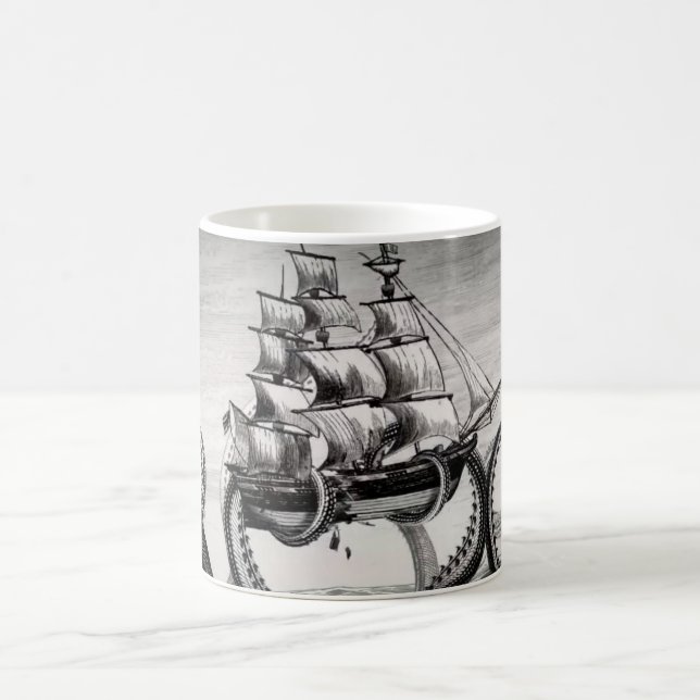Kraken Holding Pirate/Sailing Ship White Mug (Center)