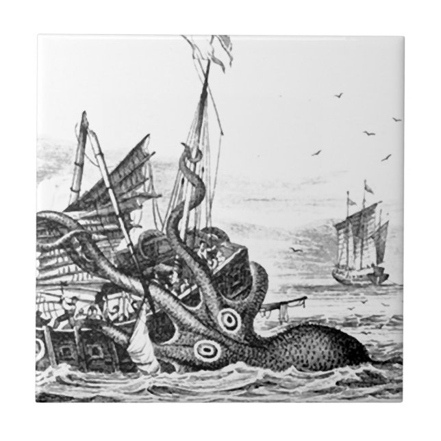 Kraken/Octopus Eatting A Pirate Ship, Black/White Ceramic Tile (Front)