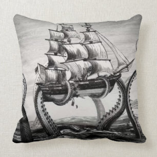 Kraken/Octopus Eatting A Pirate Ship, Black/White Cushion