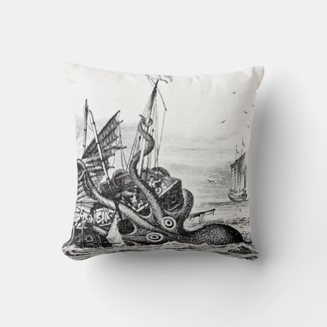 Kraken/Octopus Eatting A Pirate Ship, Black/White Cushion (Front)
