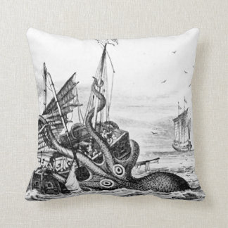 Kraken/Octopus Eatting A Pirate Ship, Black/White Cushion