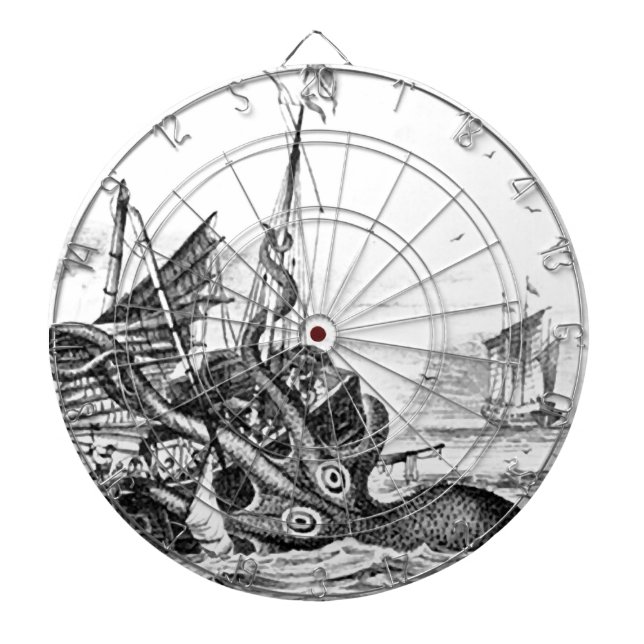 Kraken/Octopus Eatting A Pirate Ship, Black/White Dartboard (Front)