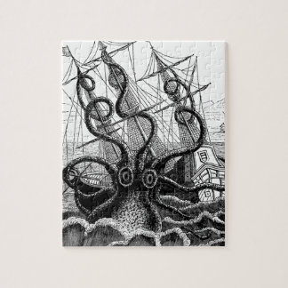 Kraken/Octopus Eatting A Pirate Ship, Black/White Jigsaw Puzzle