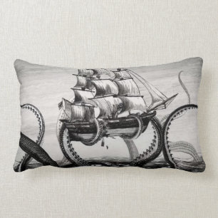 Kraken/Octopus Eatting A Pirate Ship, Black/White Lumbar Cushion