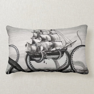 Kraken/Octopus Eatting A Pirate Ship, Black/White Lumbar Cushion