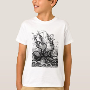 Kraken/Octopus Eatting A Pirate Ship, Black/White T-Shirt