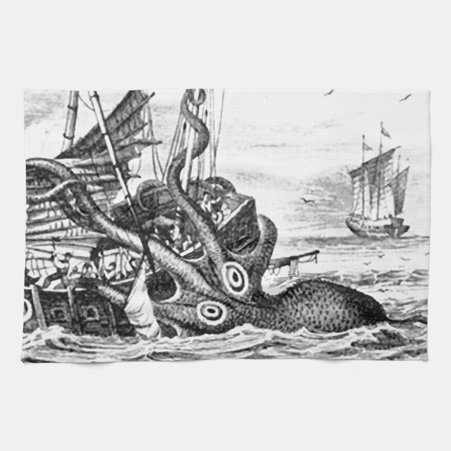 Kraken/Octopus Eatting A Pirate Ship, Black/White Tea Towel (Horizontal)