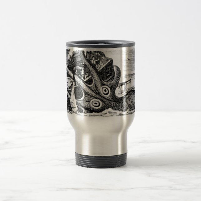 Kraken/Octopus Eatting A Pirate Ship, Black/White Travel Mug (Center)