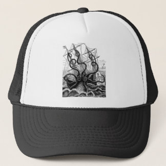 Kraken/Octopus Eatting A Pirate Ship, Black/White Trucker Hat