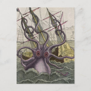 Kraken/Octopus Eatting A Pirate Ship, Colour Postcard