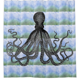 Kraken Octopus on blue green background Shower Curtain