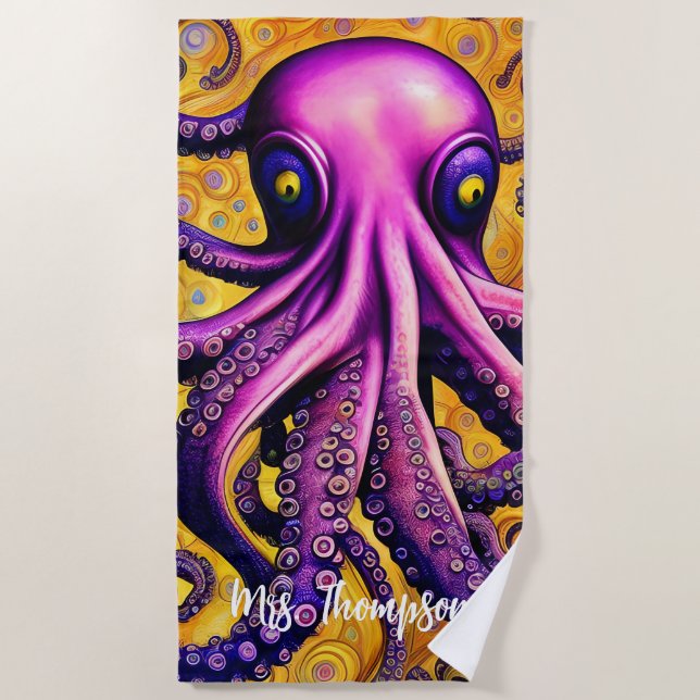Kraken Octopus with Personalised Name Beach Towel (Front)