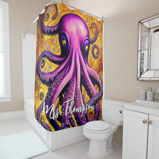 Kraken Octopus with Personalised Name Shower Curtain (In Situ)